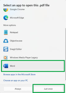 image of the 'Select an app to open this PDF file' window. 'Word' is highlighted in the list.