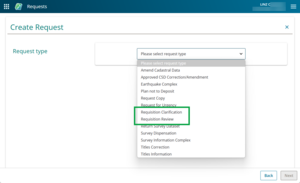 image of the requests application, on the Create request screen. The request type drop-down is open, and Requisition Clarification and Requisition Review are highlighted in the list.