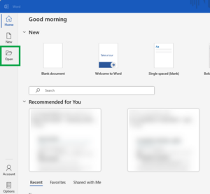 image of the home page in Word. 'Open' is highlighted in the left hand toolbar.