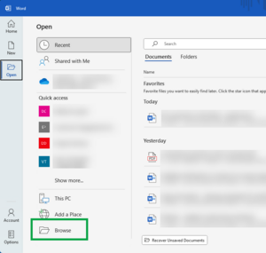 image of the home screen in Word. 'Open' is selected in the left hand toolbar, and 'Browse' is highlighted at the bottom of the screen.