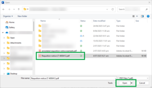 image of a file explorer window. A PDF requisition notice is selected and highlighted in the window, and 'Open' at the bottom right of the window is also highlighted.