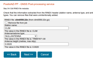 Screenshot of PositionNZ-PP - GNSS Post-processing service showing where you can select the NULLANTENNA type. 