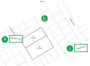 image of the same road polygon in layout plan sheets. There are 3 labels for Charlbury Drive, only 1 in the correct position. Labels for Meadows and Lydiard Drives are missing. 1 of the Charlbury Drive labels is positioned in a separate polygon that should be labelled Northmoor Boulevard.