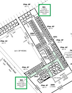 image of part of a title plan, creating "road" parcels, lots 901 and 902. Lot 902 is highlighted green. Lot 902 has 3 road names inside it: Meadows, Charlbury and Lydiard Drives.