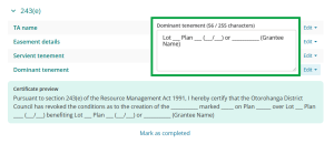 image of TA certification in Landonline TA Certification. A 243(e) certificate is showing.