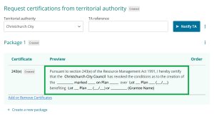 image of TA certification in Landonline survey. A 243(e) certificate is showing.