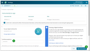 Screenshot of the Certify and Sign functionality, with the 'Certified passphrase' field marked as #1, and the 'Sign Instruments' button marked as #2