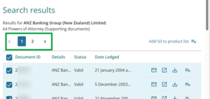 image of the supporting documents search results highlighting the navigate page buttons.