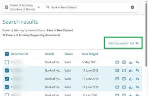 image of the supporting documents search results, with 3 documents selected. "Add 3 to product list" is highlighted at top right of panel.