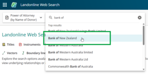 image of search Power of Attorney. The mouse cursor is positioned over a name in the drop-down, and the slected option is highlghted blue.