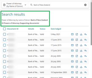 image of the search results for search power of attorney. There are 22 results for the searched donor name.