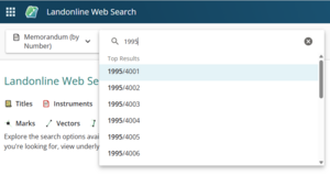 image of search memorandum. The number "1995" have been entered into the search field, and a drop-down list shows results containing that number.