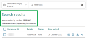 image of search results for search memorandum. There is 1 result displayed.