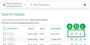 image of the search results panel for search supporting document. The icons at the right of the panel are marked A, B, and C.