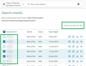 image of the search results panel for search supporting documents. 3 documents in the list are ticked.