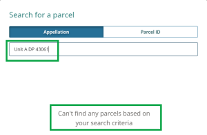 image of the search for a parcel by appellation panel in Landonline survey. "Unit A DP 43061" has been entered into the serach field, and there are no results.