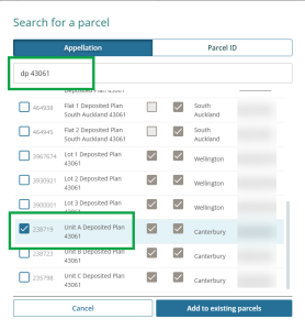 image of search appellation with "dp 43061" entered into the search field. All parcel appellations that include Deposited Plan 43061 are listed, and "Unit A Deposited Plan 43061" is highlighted in the list.