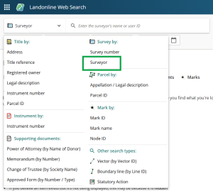 image of the search options drop-down for Web Search. "Search Survey by Surveyor" is highlighted in the menu.