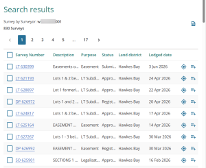 image of the search results page for a completed "search survey by surveyor" search. 830 surveys are listed by survey number, with their Description, Purpose, Status, Land District, and Lodged date.