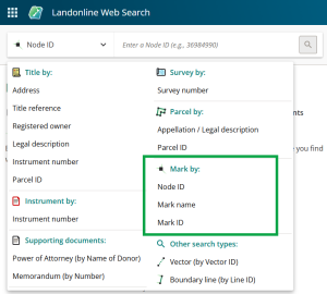 Image of search panel highlighting search mark by Node ID, Mark name, or Mark ID.