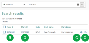 image showing search results for a node ID. There is 1 mark listed. The node ID on the left is marked A, the mark ID is marked B,  the locate icon at the right is marke C, and the add to product list icon on the far right is marked D.