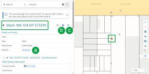 image of Web Search with a mark ID search completed. The Mark name is highlighted. The node ID is marked A, the Add to transformation icon is marked B, and the Add to product list icon is marked C. The mark is also highlighted spatially in the spatial map.