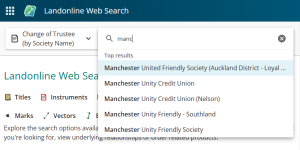 image of search change of trustee by society name. "manc" is entered in the search field, and a drop-down of matching society names is displayed.