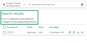 image of the search results screen for a change of trustee supporting document search.