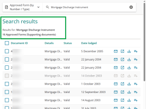 image of the search results screen for an approved form supporting document earch.