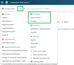 image of the search options drop-down for Web Search. "Search Survey by" is highlighted in the menu.