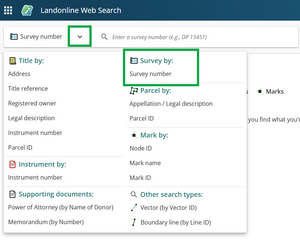 Image of the Web Search search panel, highlighting "Search Survey by Survey number". The drop-down arrow in the search bar is also highlighted.