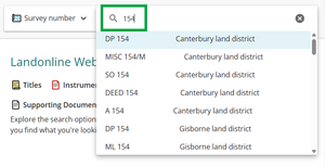 image of search field with "154" entered. All surveys matching 154 are listed in the dropdown, with varied prefixes.