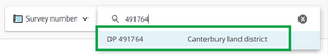 image of search field with "491764" entered. DP 491764 shows blue in the drop-down, and is highlighted.