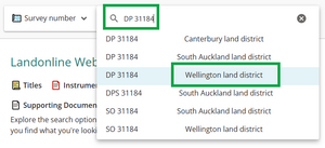 image of search field, with DP 31184 entered. The drop-down shows results for DP 31184 from several land districts. Wellington is highlighted.