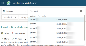 image of the search field for search survey by surveyor. A user ID starting with "psmi" has been entered in the field, and a drop-down displays surveyor's names that match.