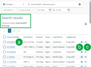 image of the search results for search survey by surveyor. At the top of the search results, the searched userID and total results is highlighted. A survey number is labelled A, the "locate survey reference" icon is labelled B, and the "add to product list" icon is labelled C.