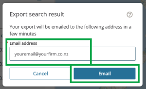 image of the Export search result popup. The email address field and the "Email" button are highlighted.