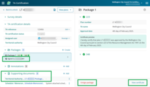 Image of the TA work item screen, after a package has been signed. The signed package is highlighted under "Packages". In the package details panel  on the right, Unsign package and View Certificate are highlighted. The TA certificate supporting document is also highlighted under supporting documents.
