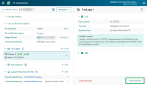 Image of TA certification work screen. Package 1 is signed, and "view certificate" is highlighted at the bottom right of the package details panel.