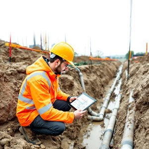 Surveyor in hi-viz gear studying plans on a tablet while crouched in a ditch that is under construction.