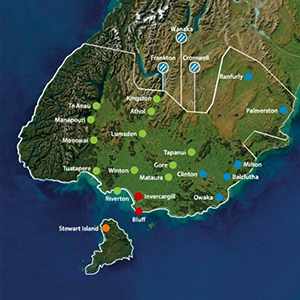 Map of the lower part of the South Island of New Zealand showing the area of coverage by several electricity networks, illustrating one of the uses for SouthPAN.