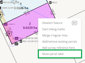image of a selected linked parcel's context menu. "Move parcel label" is highlighted.