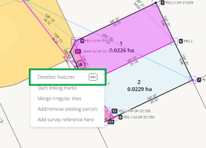 image of spatial capture, with the general context menu open. "Deselect features" is highlighted.
