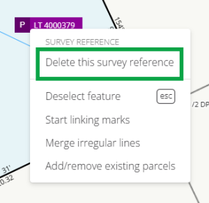 image of a survey reference, with its context menu open. "Delete this survey reference" is highlighted.