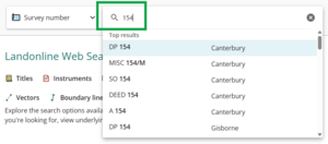 image of search field with "154" entered. All surveys matching 154 are listed in the dropdown, with varied prefixes.