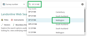 image of search field, with DP 31184 entered. The drop-down shows results for DP 31184 from several land districts. Wellington is highlighted.