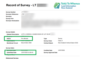image of the same survey's Record of Survey header. The status is highlighted and shows as "pre-alloctate". The Submitted date is also highlighted.