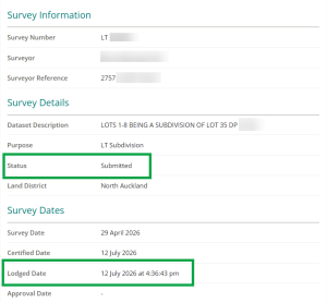 image of a survey summary in Landonline Web Search. The Status is highlighted and shows as "submitted". The lodged date is also highlighted.