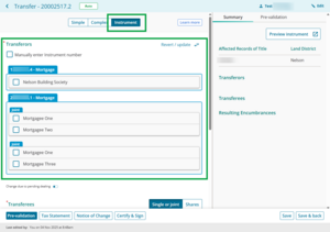image of the prepare transfer screen. Instrument mode is highlighted and has been selected. The list of mortgage instruments and interest holders under Transferors is also highlighted.