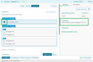image highlighting the selected checkbox for an interest holder, and the same name and associated instrument listed under Transferors in the right hand summary panel.